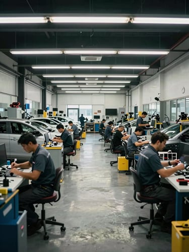 Wide environmental shot of a clean, highly organized auto shop floor, mechanics working in the bays under cool fluorescent lighting, high contrast.