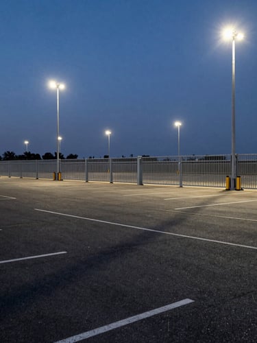Wide environmental shot of a secure asphalt parking yard at dusk, high-contrast security floodlights casting sharp shadows, heavy steel gates visible, no people.