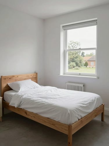 Wide environmental shot of a clean, simple contractor accommodation room in Bedford, natural overcast daylight from a window, plain wooden bed frame, clean white linens, no-nonsense setup.