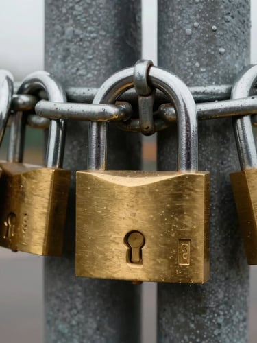 A close-up shot of heavy-duty brass padlocks and steel chains securing a trade yard gate in Bedford, overcast daylight, high-contrast metal textures.