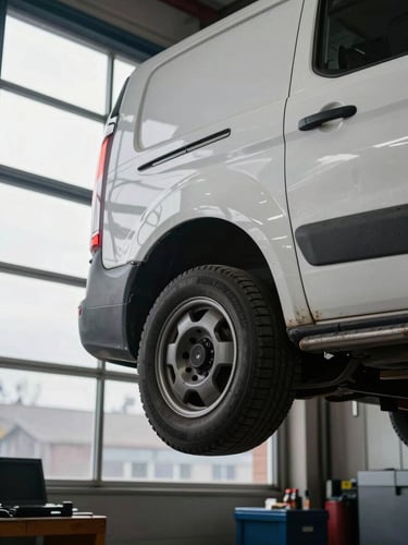 Close-up of a commercial mechanic workshop in Bedford, a heavy-duty van lifted on a hydraulic hoist, natural overcast daylight pouring through industrial windows.