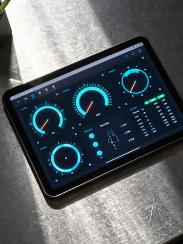 Extreme close-up overhead shot, bright studio lighting with sharp directional shadows, high-fidelity software UI mockup of a clean technical dashboard with neon-cobalt data readouts on a brushed metal workspace.