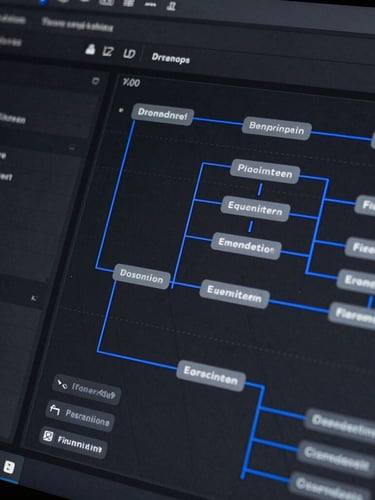Extreme close-up of a high-fidelity dark UI mockup showing structured node graphs and creative workflow automation pipelines, sharp cobalt lines.