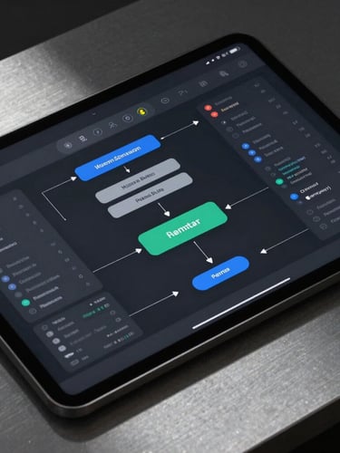Extreme close-up on a high-fidelity dark UI mockup showing structured data nodes and workflow automation pipelines on a clean, brushed-metal desktop, sharp directional shadows