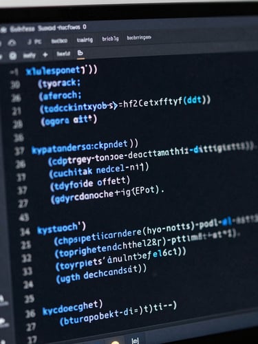 A close-up high-contrast view of a dark IDE screen displaying clean, structured TypeScript code with electric blue syntax highlighting, shallow depth of field.