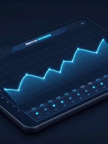 Isometric high-fidelity interface mockup of a dark-themed telemetry dashboard, electric blue data curves, glowing grid lines, deep navy background