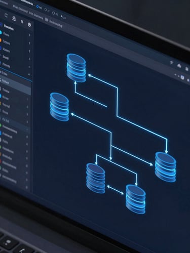 Isometric high-fidelity software interface mockup in a dark IDE theme, glowing electric blue lines mapping database schemas, deep navy background with cool blue-toned highlights.