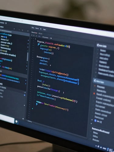 Isometric high-fidelity interface mockup of a developer IDE with clean code lines and cool blue highlights, screen-lit environment.