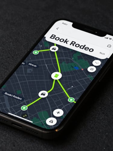 High-fidelity UI mockup of the Book Rodeo mobile application on a dark smartphone screen, showing real-time GPS routing lines in neon green and active driver locations on a dark-themed map.