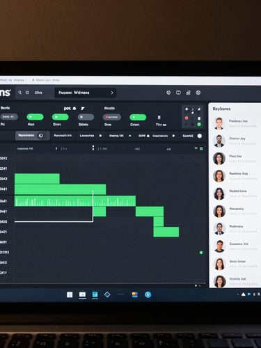 Close-up front-facing mockup of the Rudrans desktop dashboard on a dark screen, showing clean timeline analytics, terminal-green status indicators, and active employee management streams.