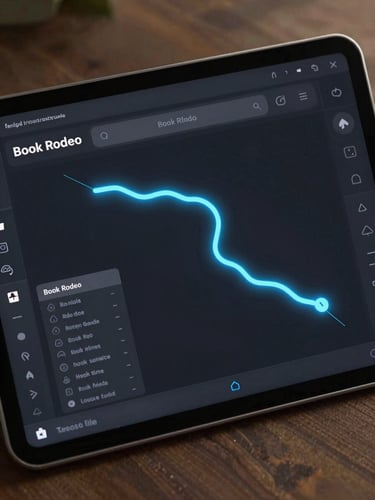 High-fidelity UI mockup of Book Rodeo interface, dark mode terminal styling, glowing electric-blue route lines, isometric framing.