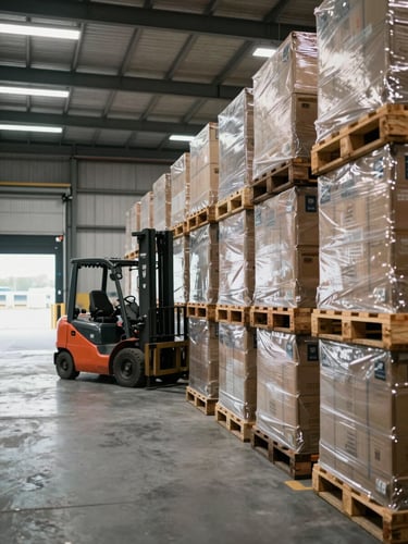 Wide interior shot of a large logistics warehouse in daylight, rows of stacked pallets and freight containers visible to the right, forklift equipment in mid-ground, high ceiling with industrial lighting, overcast daylight through loading bay doors on the far left