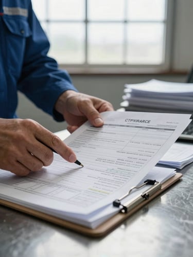Close-up of a freight operator's hands reviewing multi-page customs documentation on a metal desk, freight manifests and permit stamps visible, bright overcast light through a warehouse window, industrial clipboard in frame
