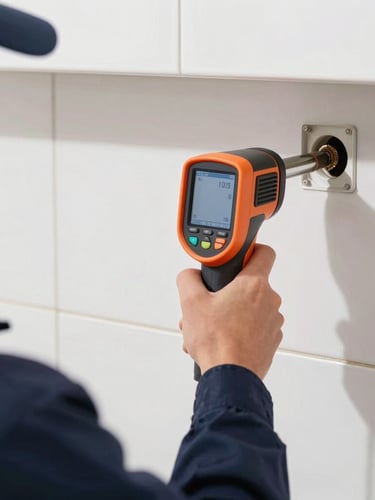 A close-up of a professional technician's hands in clean navy blue uniform using a digital thermal imaging camera to detect a pipe leak behind a pristine tiled wall, bright natural daylight, clean metallic tones, sharp focus, 35mm lens