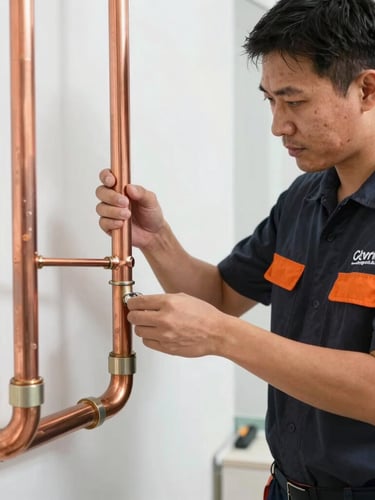 Medium environmental shot of a certified technician in a branded uniform installing high-quality copper piping, bright natural daylight, clean metallic tones with orange accents.