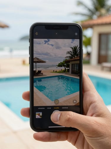 Close-up of a hand holding a smartphone displaying a live video call showing a beautiful beach house pool in Ubatuba, bright natural daylight, 35mm lens.