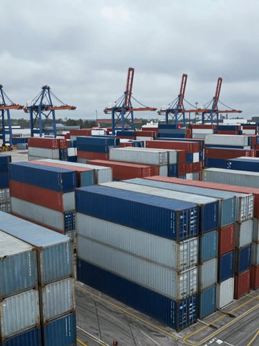 High-angle industrial documentary shot of organized shipping container stacks at the Port of Hamburg, cool overcast daylight, steel blue and gray tones.