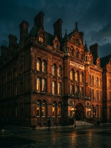 Cinematic wide shot of historic brick corporate headquarters, dramatic low-key side lighting, rich emerald shadows, medium format film