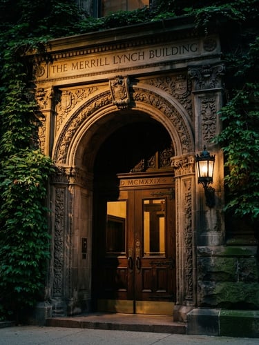 Dramatic side-lit architectural detail of a historic stone corporate headquarters entryway, deep shadows, rich emerald green ivy, medium format film