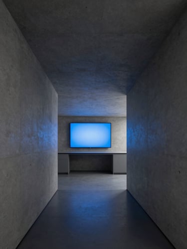 Architectural shot of a modern, minimalist research lab, cool gray concrete walls, low-key blue lighting, clean lines, extreme wide-angle, 35mm