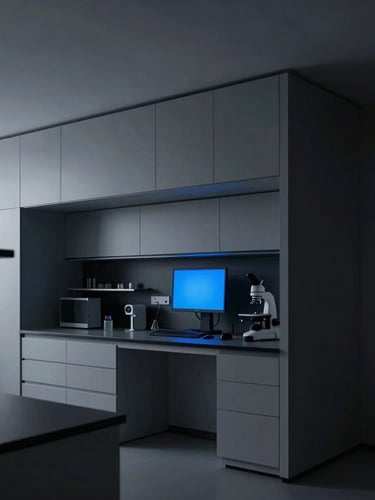 Architectural shot of a modern minimalist research laboratory, low-key lighting, cool gray and deep slate tones, sharp clean lines.