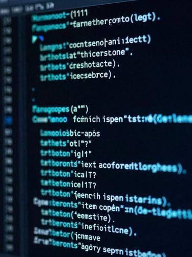 Macro close-up of a high-resolution terminal screen showing complex data structures and cyan code lines, dark moody blue lighting, 35mm.