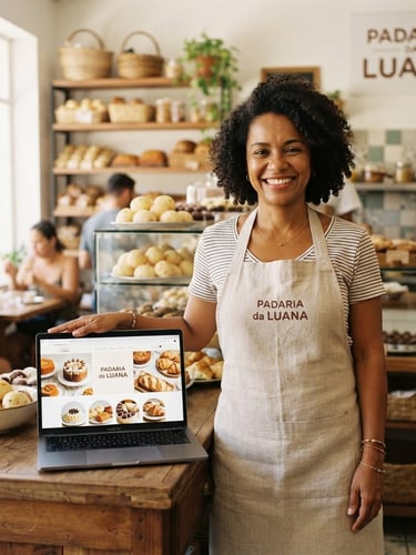 Bright modern photography of a smiling Brazilian bakery owner standing proudly in her shop, next to a laptop displaying her beautiful new website, warm natural daylight, authentic local business setting, 35mm