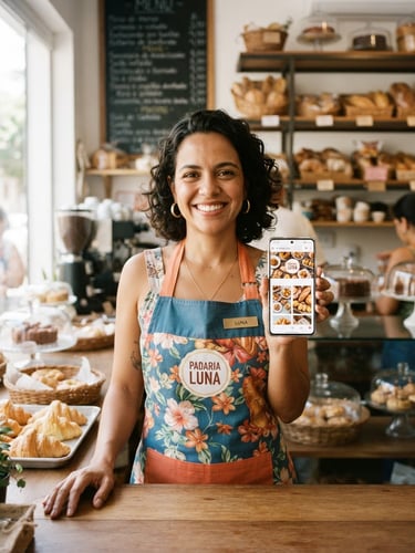 Bright modern photography of a smiling Brazilian business owner in their local bakery, natural daylight, holding a phone showing their new website, 35mm