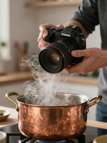 Tactile close-up of a content creator holding a camera over a steaming copper pot in a warm kitchen, soft Scandinavian side-lighting, focus on the steam and hands.