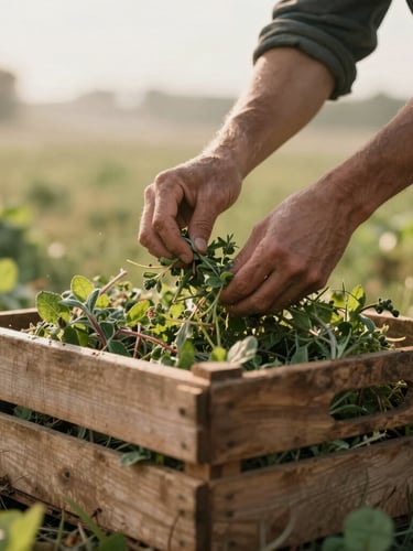 Low-angle natural light illuminating hands harvesting herbs in a quiet morning field, rustic wooden crate nearby.