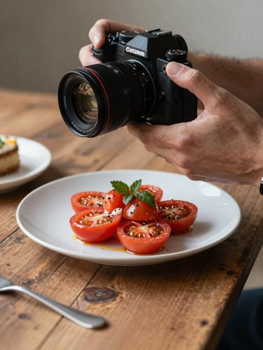 Close-up of hands holding a camera over a rustic wooden table, capturing a freshly plated heirloom tomato dish under soft morning light.