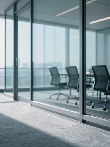 A crisp corporate photograph of a modern glass-walled conference room with cool blue tones, soft natural window light casting long shadows on a slate floor, 35mm shallow depth of field.
