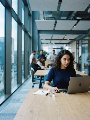 Crisp corporate photography of a modern architectural tech office interior, natural window light, cool blue and slate tones, shallow depth of field, 35mm