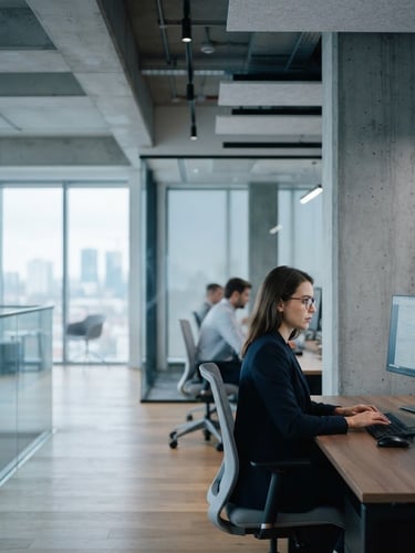 Crisp corporate photography, natural window light, cool blue and slate tones, shallow depth of field, 35mm. A sharp architectural workspace with clean lines and modern concrete pillars, negative space on the left.