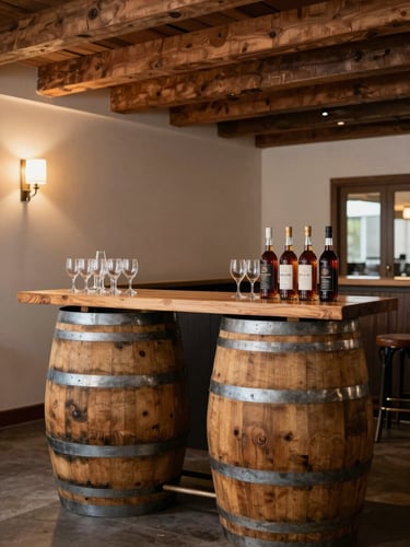 Environmental shot of a bar station built from two bourbon barrels topped with a wooden plank, glassware and bottles arranged neatly on top, warm indoor venue lighting, exposed wooden beam ceiling above, empty room ready for an event