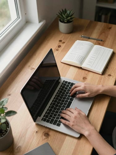 Wide overhead view of a home workspace setup: laptop keyboard centered on a light wooden desk, open notebook with handwritten task list beside it, natural daylight streaming from a window on the left, organized workspace with minimal clutter visible, hands positioned near keyboard as if mid-work.