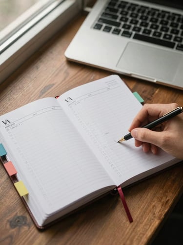 Close overhead view of a VA's organized workspace — a planner open to a weekly schedule, color-coded tabs, a laptop keyboard at the upper edge, warm natural light from a nearby window, a single hand resting on the page mid-annotation