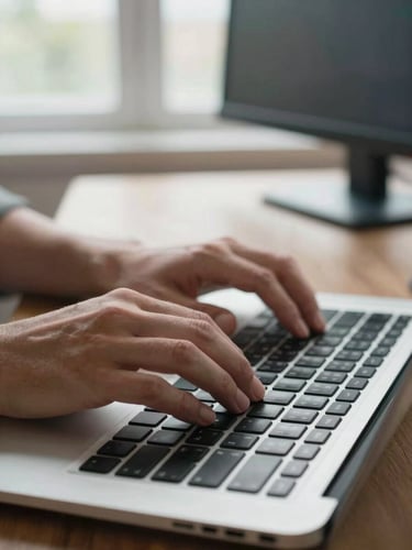 Close-up side view of hands typing on a laptop keyboard in a home workspace, natural daylight falling across the keys from a nearby window, a blurred second monitor visible in the background, sharp focus on the fingers in motion