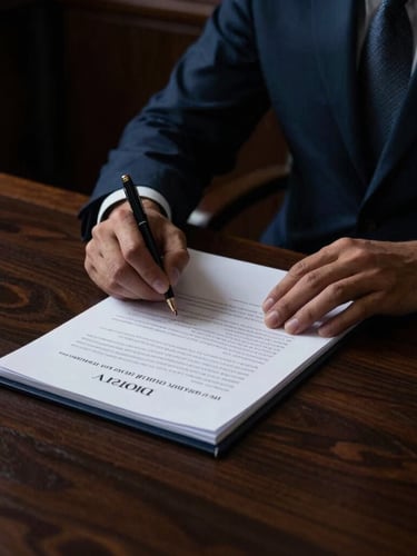Primer plano de un documento jurídico firmado sobre un escritorio de madera oscura, iluminación lateral dramática, sombras profundas, ambiente legal de alta jerarquía.