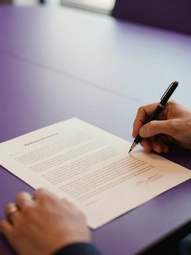 Close-up of hands reviewing a physical contract on a modern conference table, soft natural daylight, shallow depth of field, deep purple and warm parchment tones, 35mm
