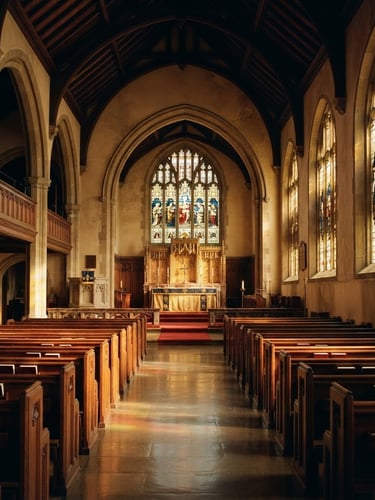 Sunlit church sanctuary interior with warm morning light streaming through high stained-glass windows, illuminating empty wooden pews and a polished altar, peaceful and quiet architectural framing, 35mm