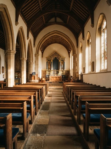 Warm editorial photograph of a sunlit church sanctuary interior, soft morning light filtering through high windows onto empty wooden pews, peaceful and architectural, 35mm