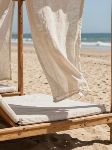 A close-up of a sun-dappled teak daybed on a sandy beach in Tangier, light linen curtains blowing gently in the wind, bright Mediterranean sunlight.