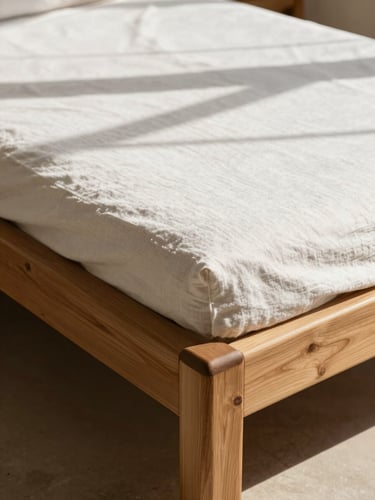 Close-up of a sun-dappled teak daybed with soft white linen, natural Mediterranean sunlight casting long shadows on the wood texture.