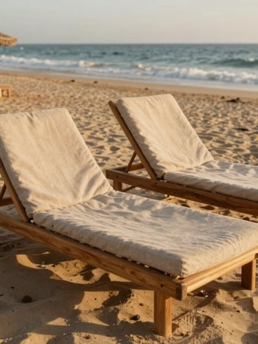 Sun-dappled teak daybeds on the sandy beach of Tangier, warm Mediterranean golden hour light, soft linen textures and ocean breeze