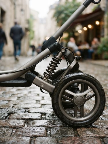 Close-up of a premium stroller chassis with heavy-duty wheel suspension on historic wet cobblestones, soft morning daylight, shallow depth of field, 35mm