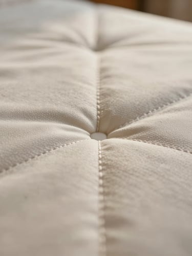 Close-up macro shot of double-stitched mattress seams, warm morning daylight, muted natural tones, shallow depth of field, 35mm