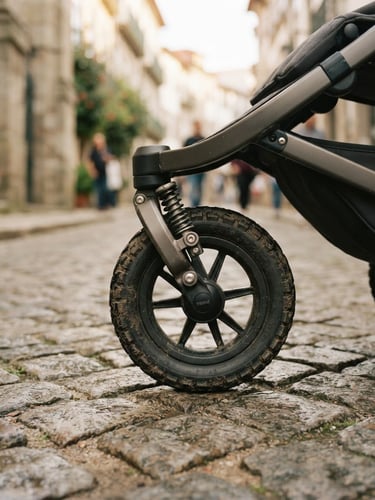 Close-up of all-terrain stroller wheel and mechanical suspension joint on textured cobblestones, warm editorial photography, soft morning daylight, shallow depth of field