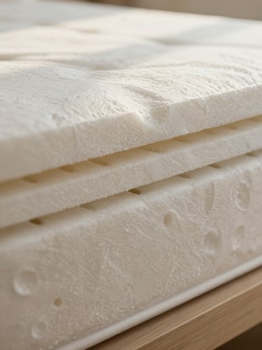 Macro shot of a mattress cross-section showing distinct layers of high-density orthopedic foam and breathable channels, warm editorial photography, soft morning daylight, muted natural tones