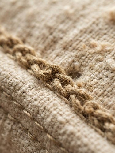 Macro detail shot of heavy-duty orthopedic mattress stitching, thick textured organic cotton fabric, warm morning daylight, shallow depth of field, 35mm
